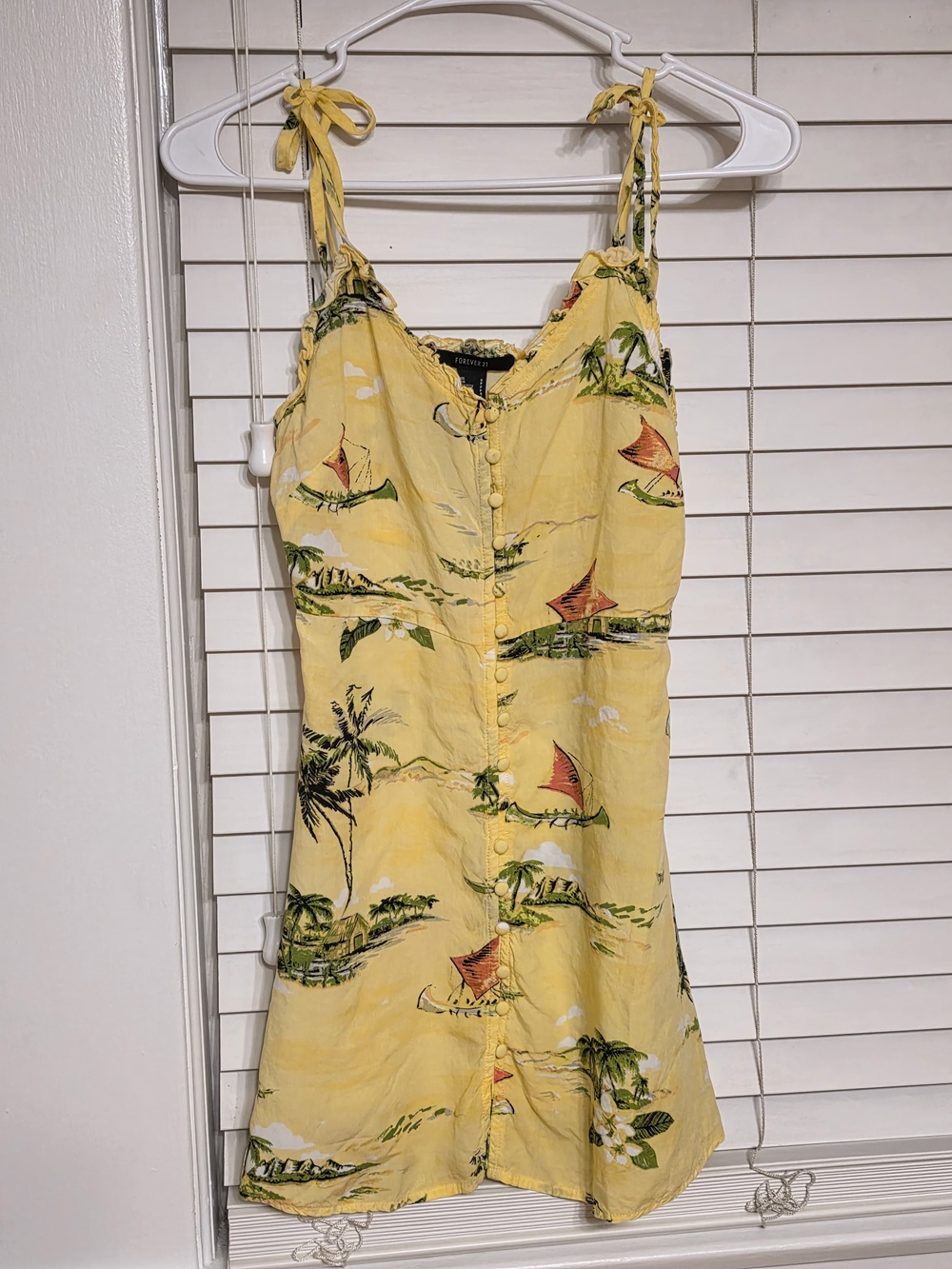 Forever 21 Yellow Tropical Print Tie-Shoulder Mini Dress